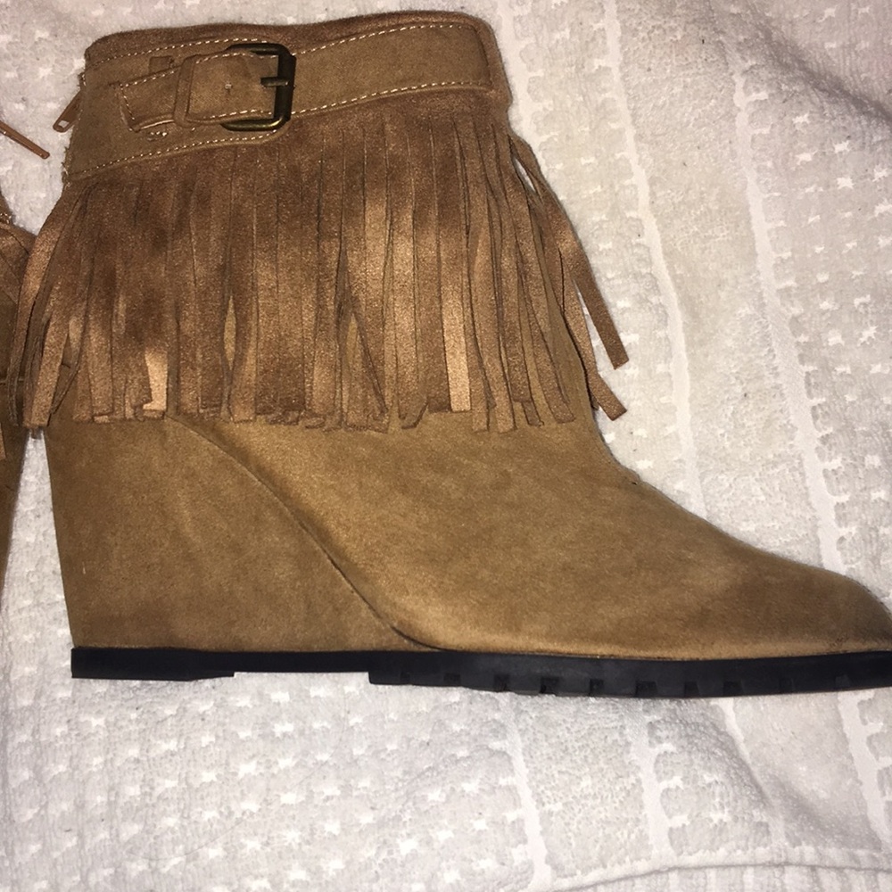 Tan Suede Fringe Wedge Booties